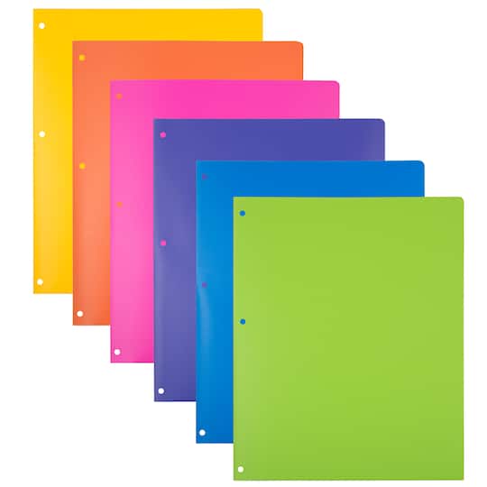 JAM Paper Fashion Color Heavy Duty Plastic 3-Hole School Folders with Pockets, 6ct.